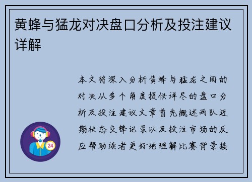 黄蜂与猛龙对决盘口分析及投注建议详解